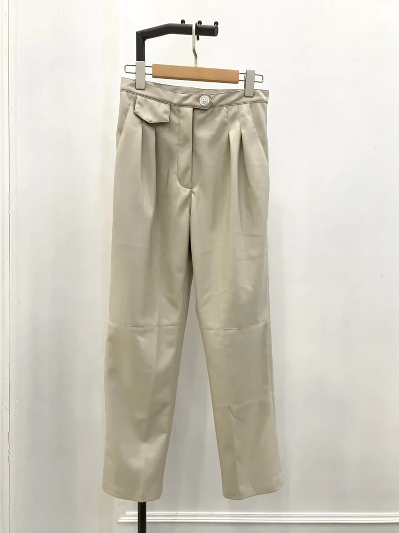 Новинка женские длинные табачные брюки с высокой талией из искусственной кожи