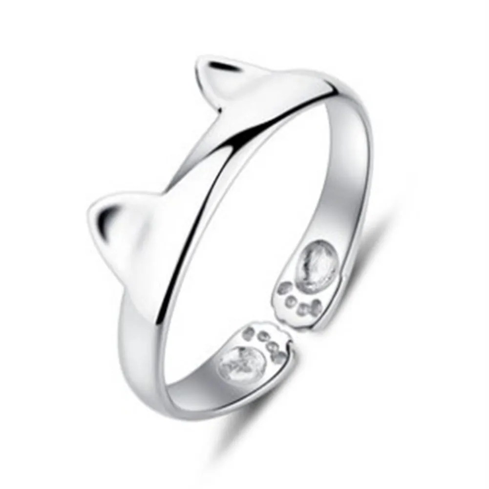 

Romantic Cute Fashion Simple Kitty Cat Ears Sliver Plated Open Ring for Pinkie Fingure Women Engagenent Party Resizable JZ027