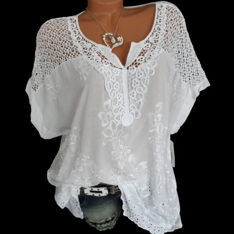 

2021 Summer Short Sleeve Womens Blouses And Tops Loose White Lace Patchwork Shirt Plus Size 4xl 5xl Women Tops Casual Clothes