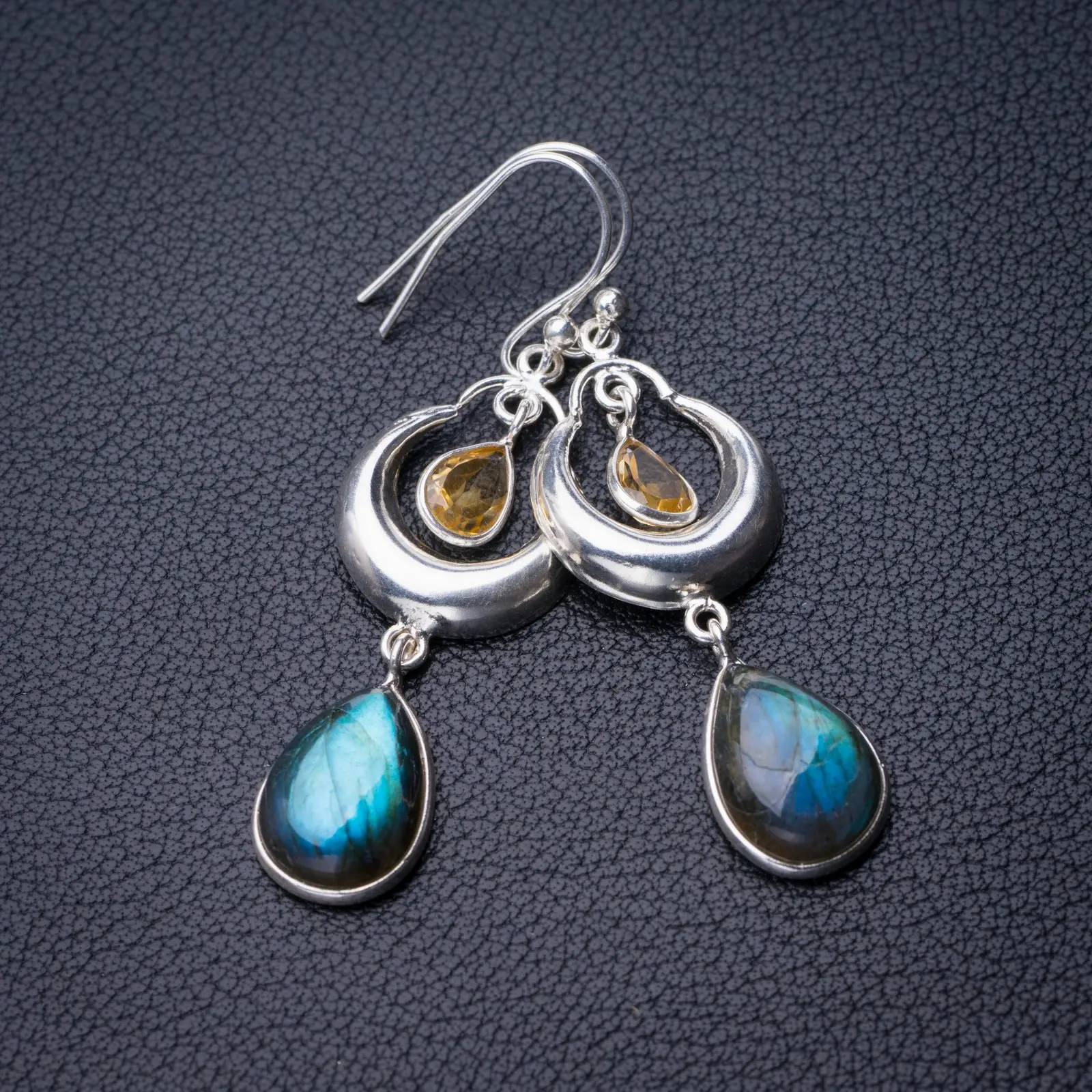 

StarGems Natural Blue Fire Labradorite And Citrine Handmade 925 Sterling Silver Earrings 2" D7757