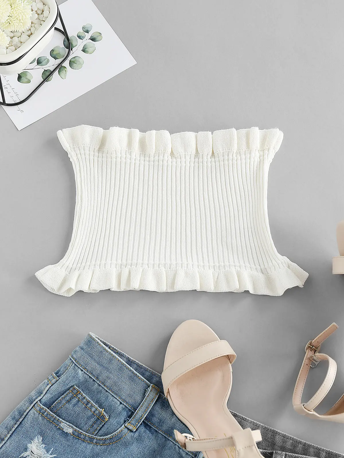 ZAFUL Women Ruffled Smocked Tube Top Strapless Lady Sexy Summer Casual Outfits Basic Wearing Fashion | Женская одежда