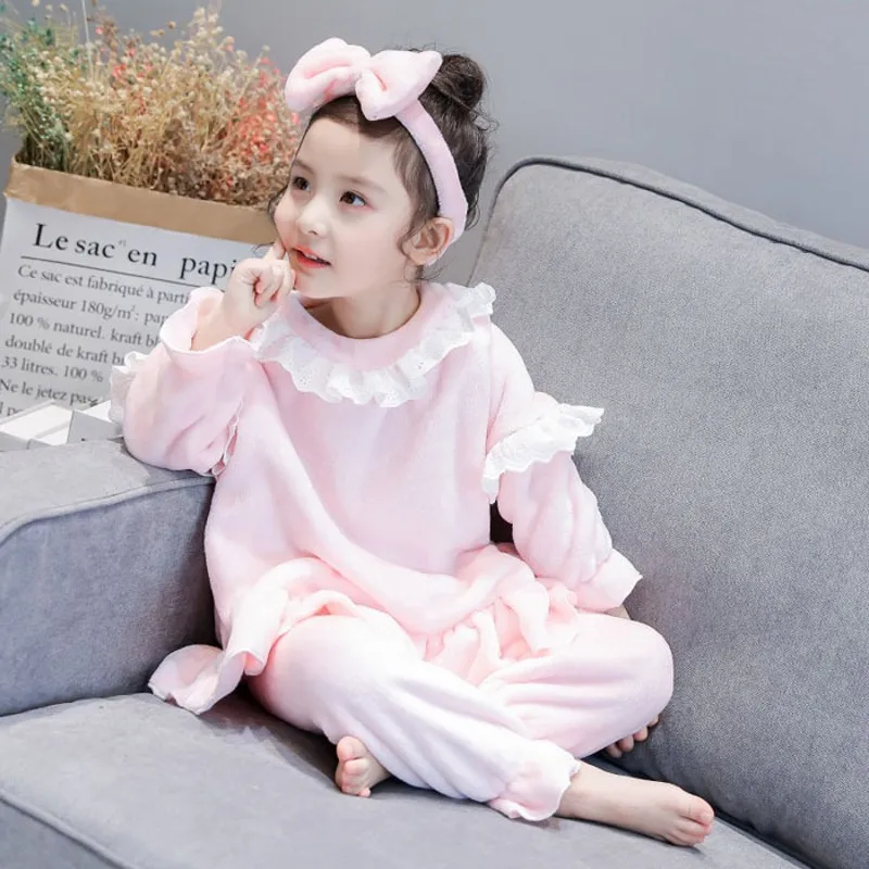 

Winter children's flannel pajamas thick warm fleece pajamas girls home service coral fleece children's pajamas girls clothes set