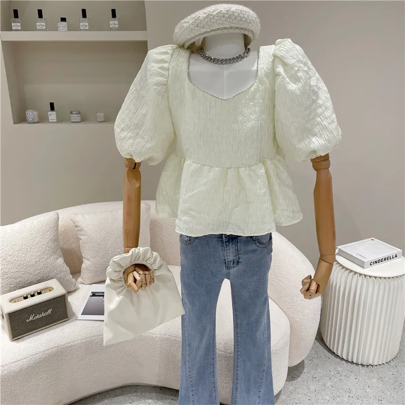 

Women's Spring Summer 2021 Fashion Square neck bubble sleeve top short sleeve shirt