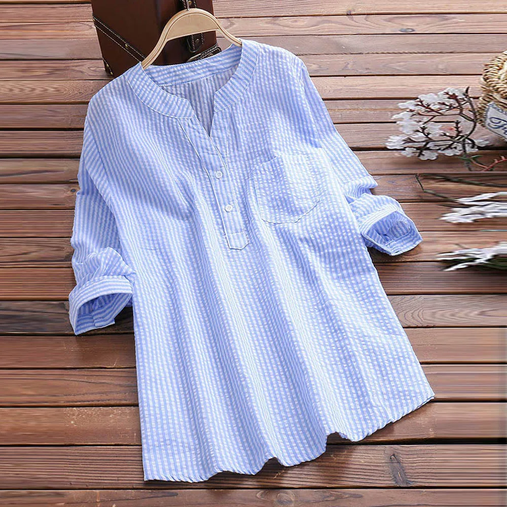 

Plus Size Women Blouse Striped V Neck Long Sleeve Buttons Pockets Autumn Feminina Blusas Summer Loose Shirt