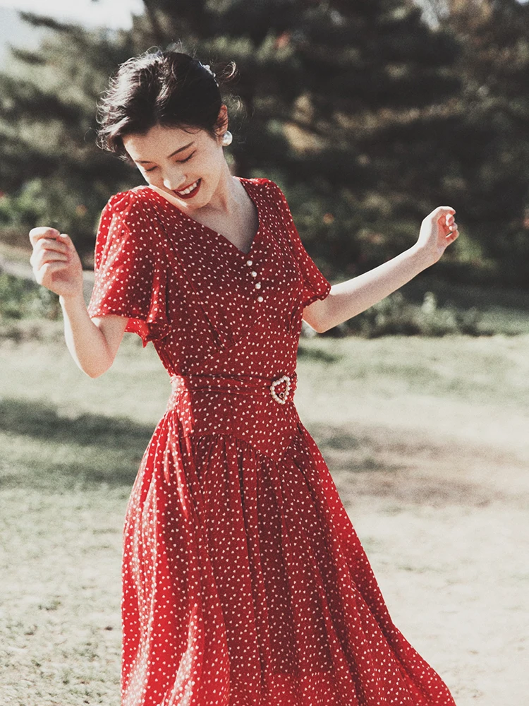 

Small peach heart of maiden wind restoring ancient ways v-neck high-waisted dresses with pearl belt buckle