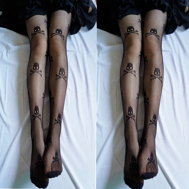 

Fashion Sexy Women Fishnet Tights Black Skull Head Pattern Stocking Big Elastic Pantyhose for Ladies In Spring Summer Autumn