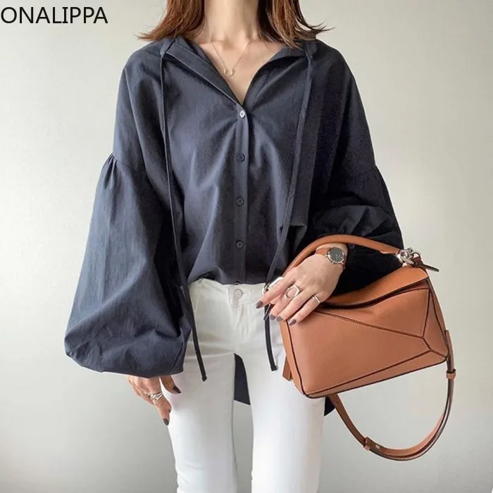 

Onalippa 2021 ранняя Осенняя Женская свободная рубашка в японском стиле большого размера с завязками на пуговицах и рукавами-фонариками