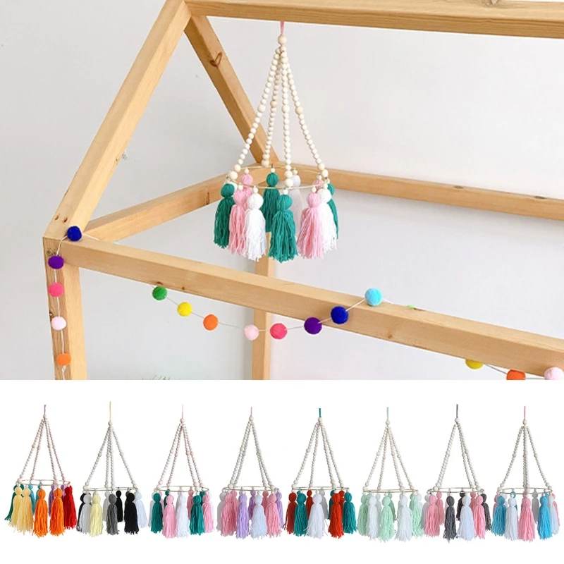 

Baby Crib Wooden Beads Tassel Wind Chimes Bed Bell Mobile Rattle Kids Room Decor