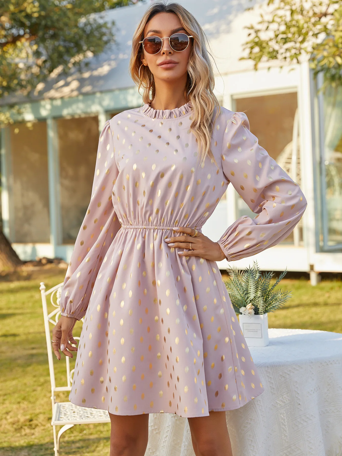 

Fashion Ruffles O-Neck Elegant Female Dresses 2021 Spring Autumn Polka Dot Dress Casual Long Sleeve A-Line Dress Women