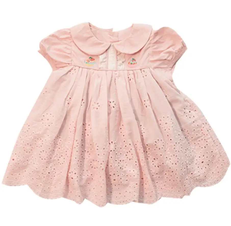 

Baby Gir vintage Spanish pink peter pan collar princess dress kids embroidered short Sleeve lace stitching dress