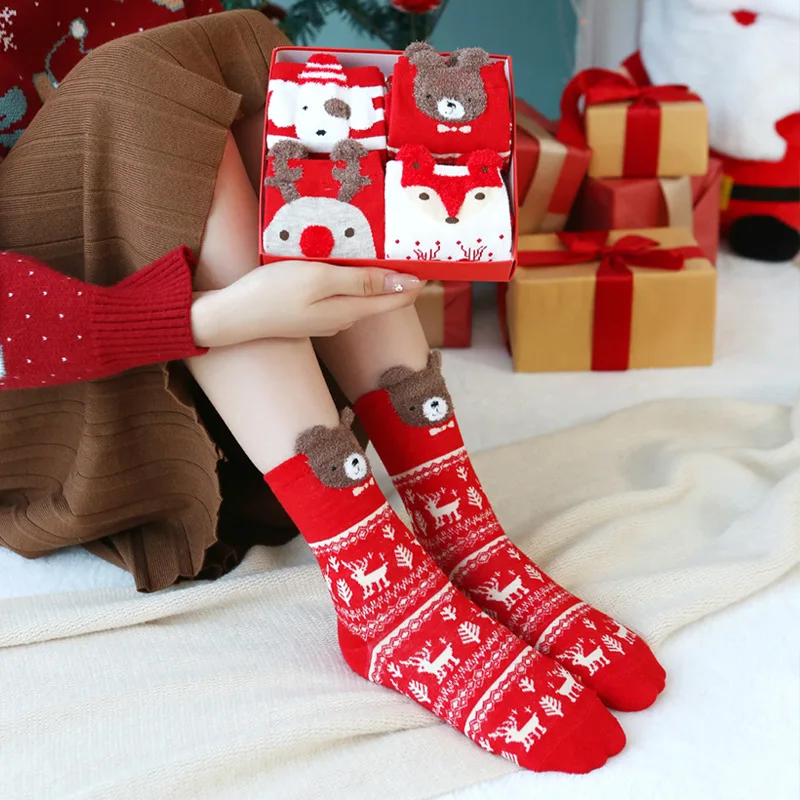 Christmas socks socks in tube female in tube winter ms red natal year gift three-dimensional cartoon socks gift box
