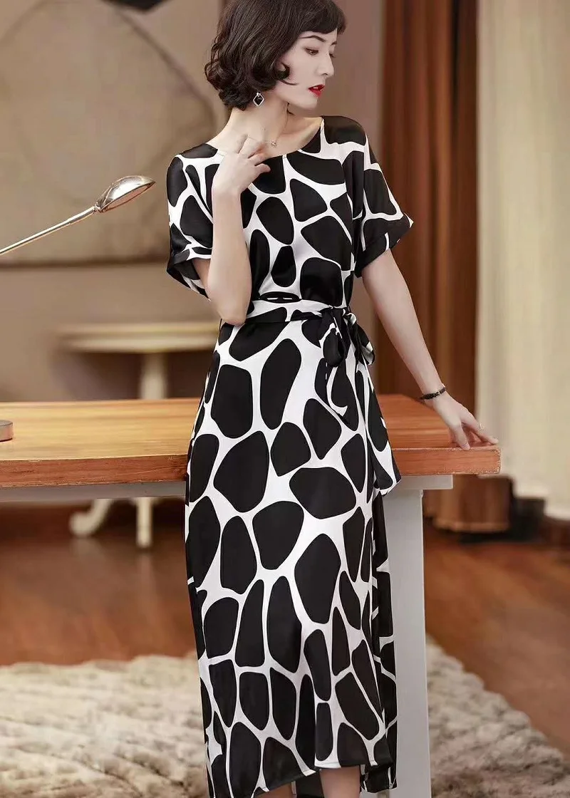 

Top Quality Silk Dress 2020 Summer Style Women O-Neck Polka Dot Print Short Sleeve Mid-Calf Length Casual Plus Size Dress Female