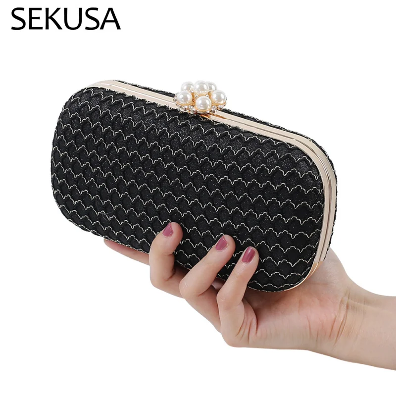 

Black Knitted Women Clutch Flower Metal Beaded Evening Bags Metal Chain Shoulder Handbags Small Cocktail Purse