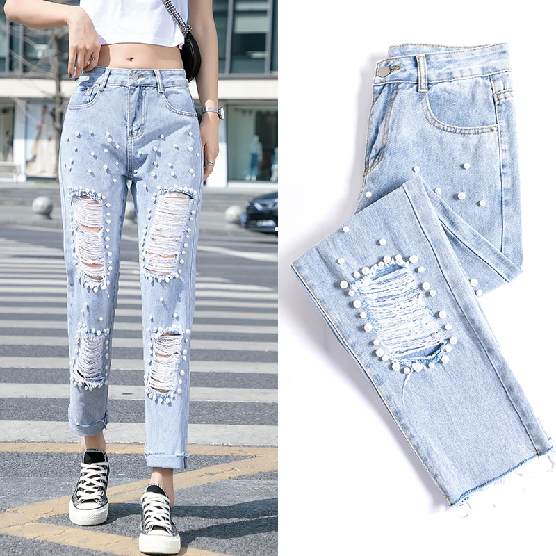 

Straight Jeans Fashion Beading Embroidery Ripped Hole Denim Pants Women's Summer Lace Patchwork High Waist Ankle-Length Trousers