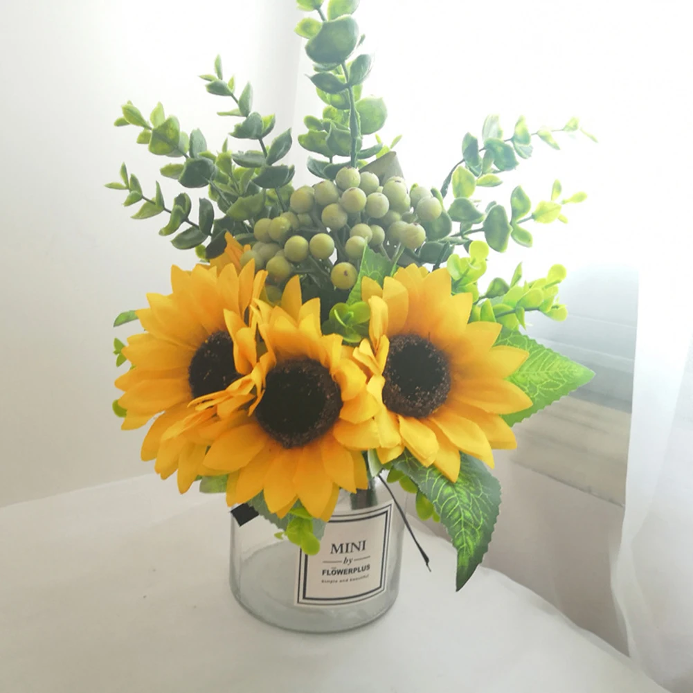 

4 Heads Simulated Sunflower Berries Bouquet Flower Arrangement Shooting Props Wedding Home Office Living Room Party Ornament