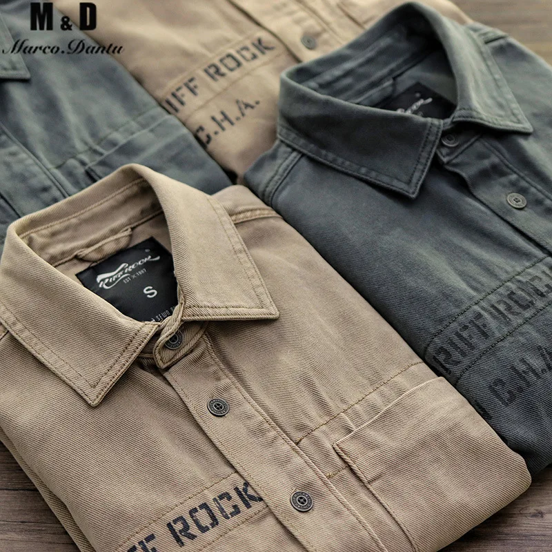 New Single Breasted 100% Cotton Men's Shirt Business Casual Tooling Style Print Denim Men Shirts Autumn Slim Shirt Men Jacket
