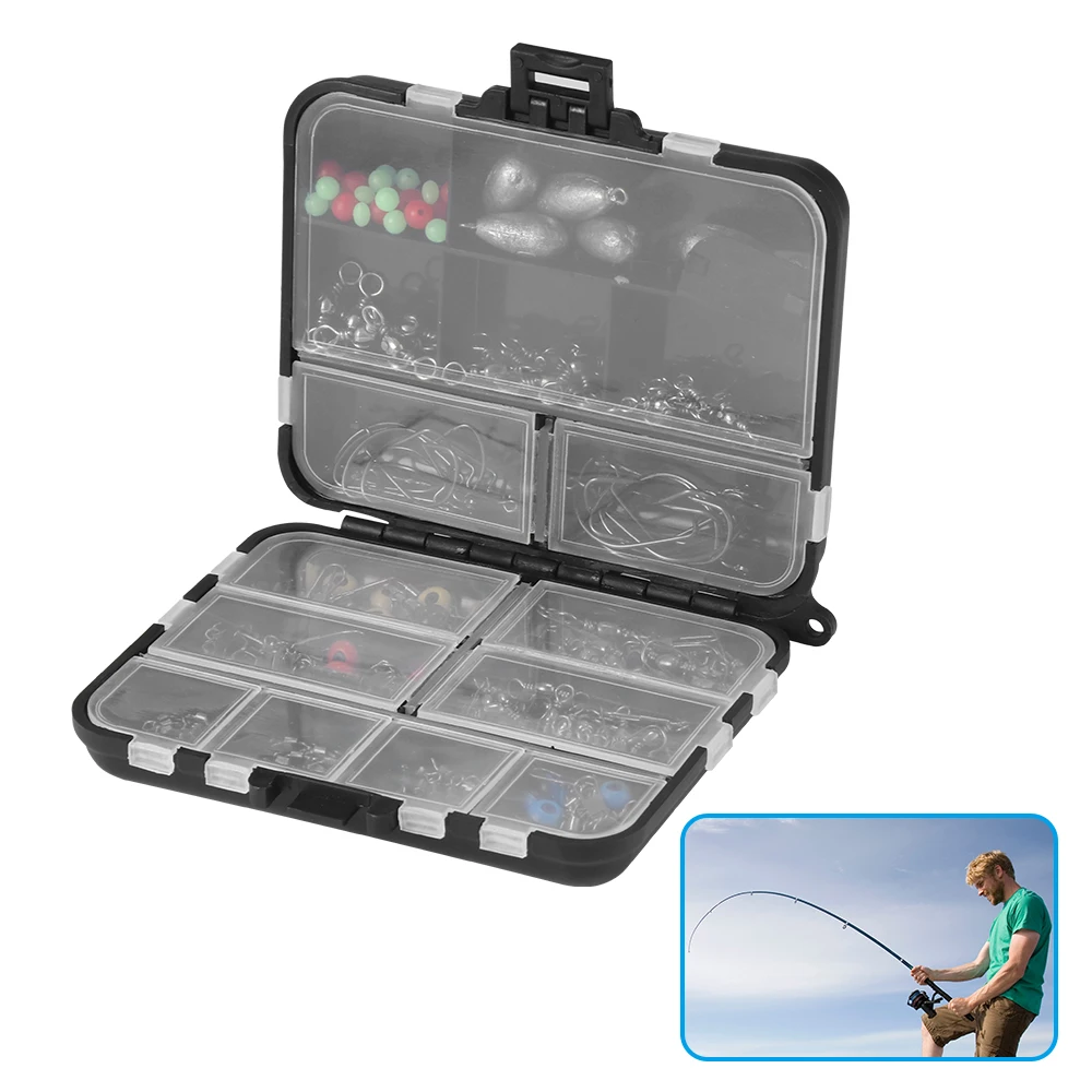 Набор рыболовных принадлежностей из 160 предметов с коробкой для снастей, крючками, грузилами, вертлюгами, стопорами, бусинами и 8-ми словными кольцами.
