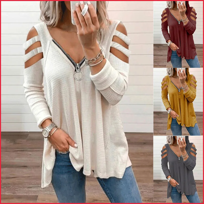 

Sexy Hollow-Out Lady Fashion Tops Women Casual Clothes Pullover Long Sleeve V-neck Loose Tshirts Zipper Plus Size TeeShirt Femme