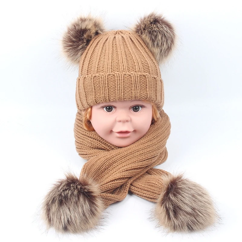 

Toddler Kids Winter Warm Ribbed Knitted Beanie Hat with Long Scarf Set Solid Color Cute Double Pom Pom Ears Cuffed Skull Cap 2-8