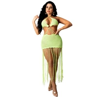 summer solid knitted long tassel dress woman lace up halter backless bra cut out long outfits female holiday beach vestidos