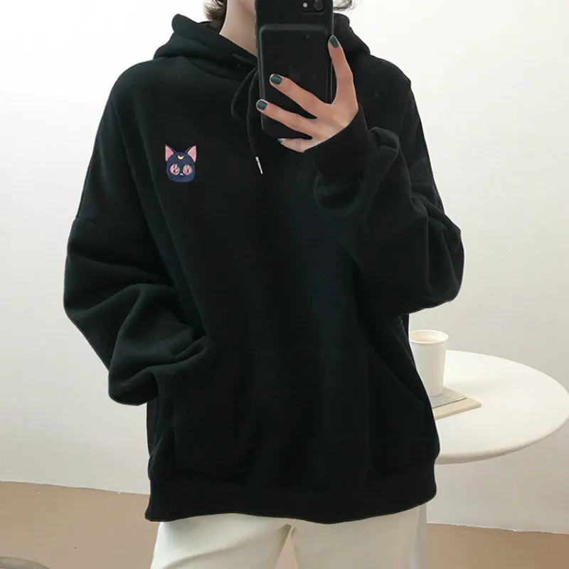 

New Japan Style Cute Cartoon Embroidery Hooded Pullover Women Autumn Winter Casual Loose Hoodies Harajuku Woman Sweatshirt