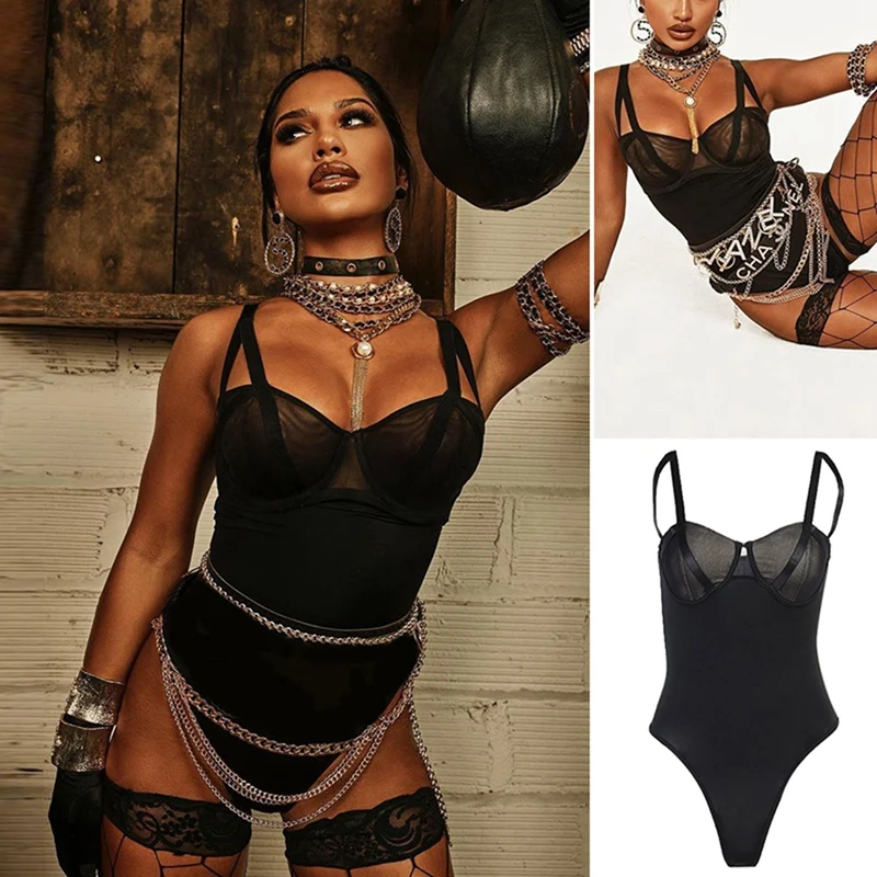 

Women's Small Sling-Style Sexy Solid Color Halter V-Neck Half-High Collar Slim-Fit Chest Wrap Tights Black