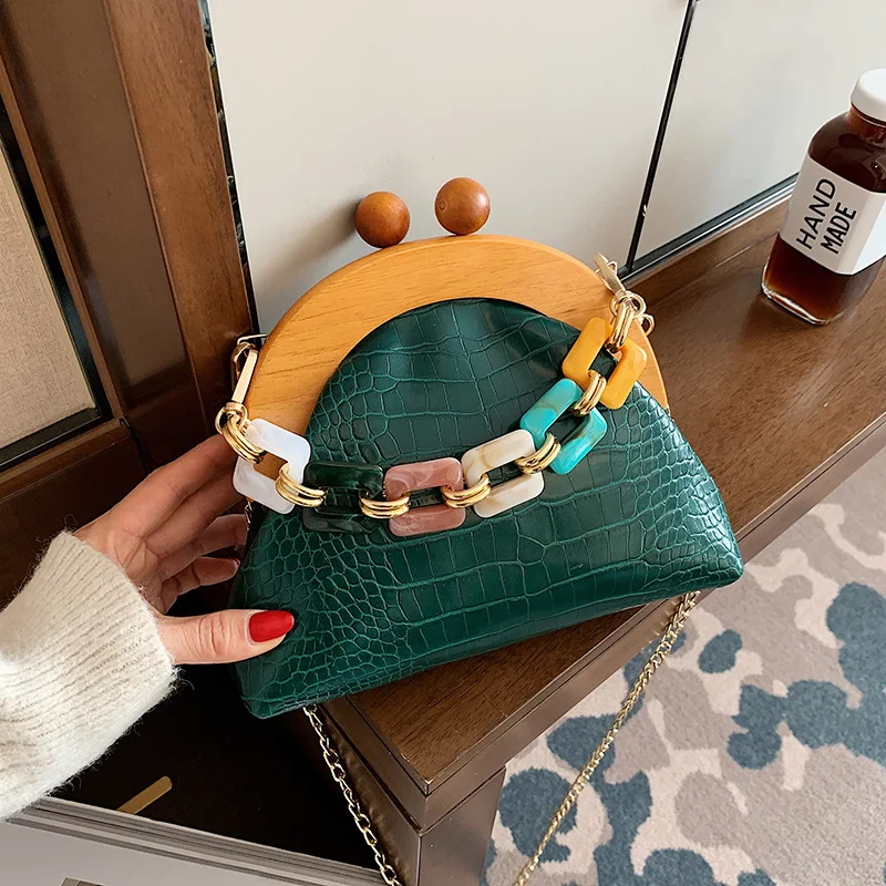 

Vintage wooden chuck bag women's bag new chain crocodile print hand-held stiletto fashion one-shoulder bag