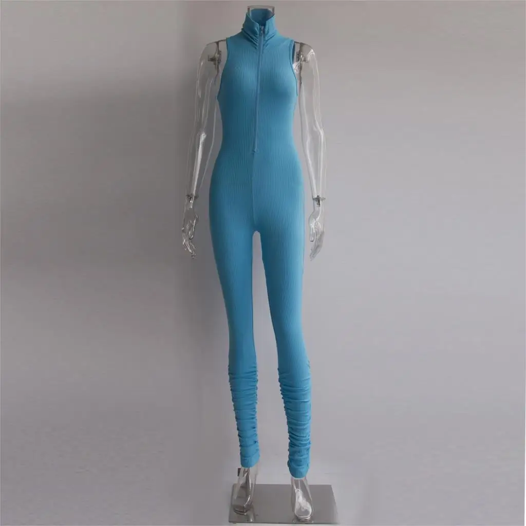 

2020 Cotton Ribbed jumpsuit Turtleneck Front Zipper Overalls Solid Fitness Sleeveless Romper Women Workout Clothing