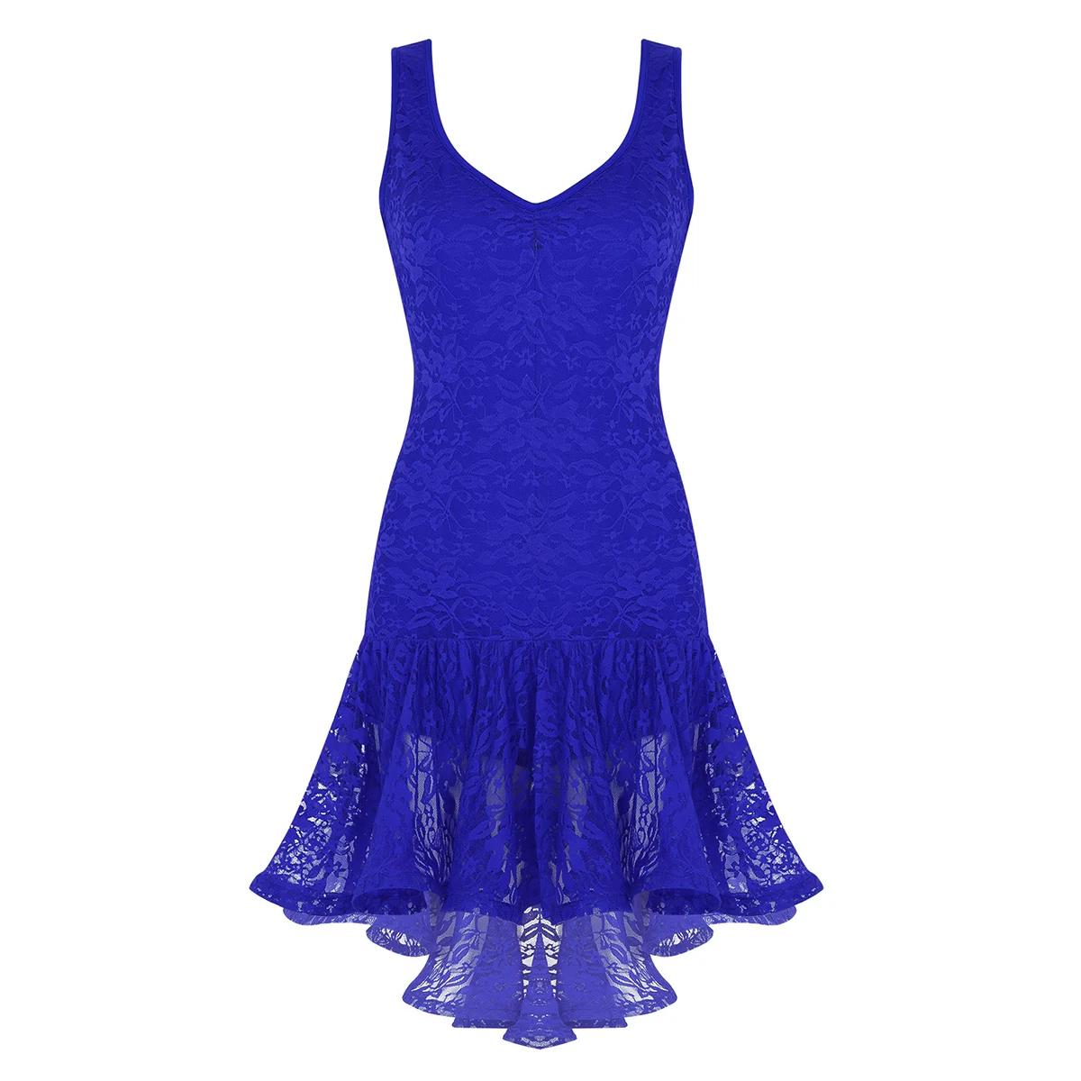 Royal Blue Женский гофрированный конкурс танцев платье Высокая Низкая для латинские танцы Самба танцевальное платье одежда для спортивной гимнастики взрослых представление костюмы - Цвет: Royal Blue