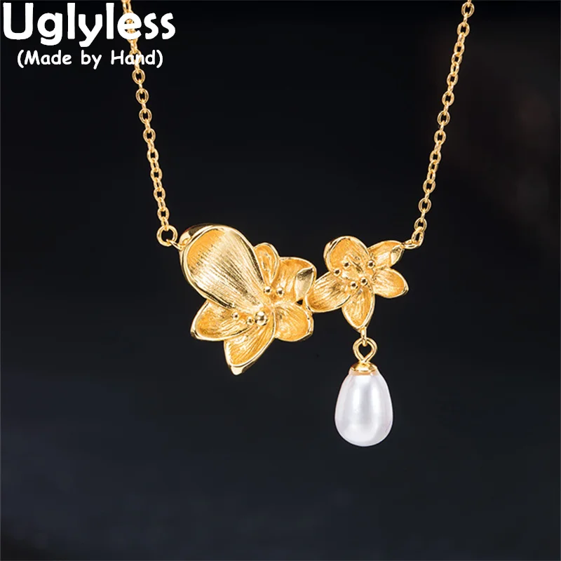 

Uglyless 100% Real 925 Sterling Silver Blooming Flowers Chokers for Women Elegant Pearls Pendants Necklaces Gold Floral Jewelry