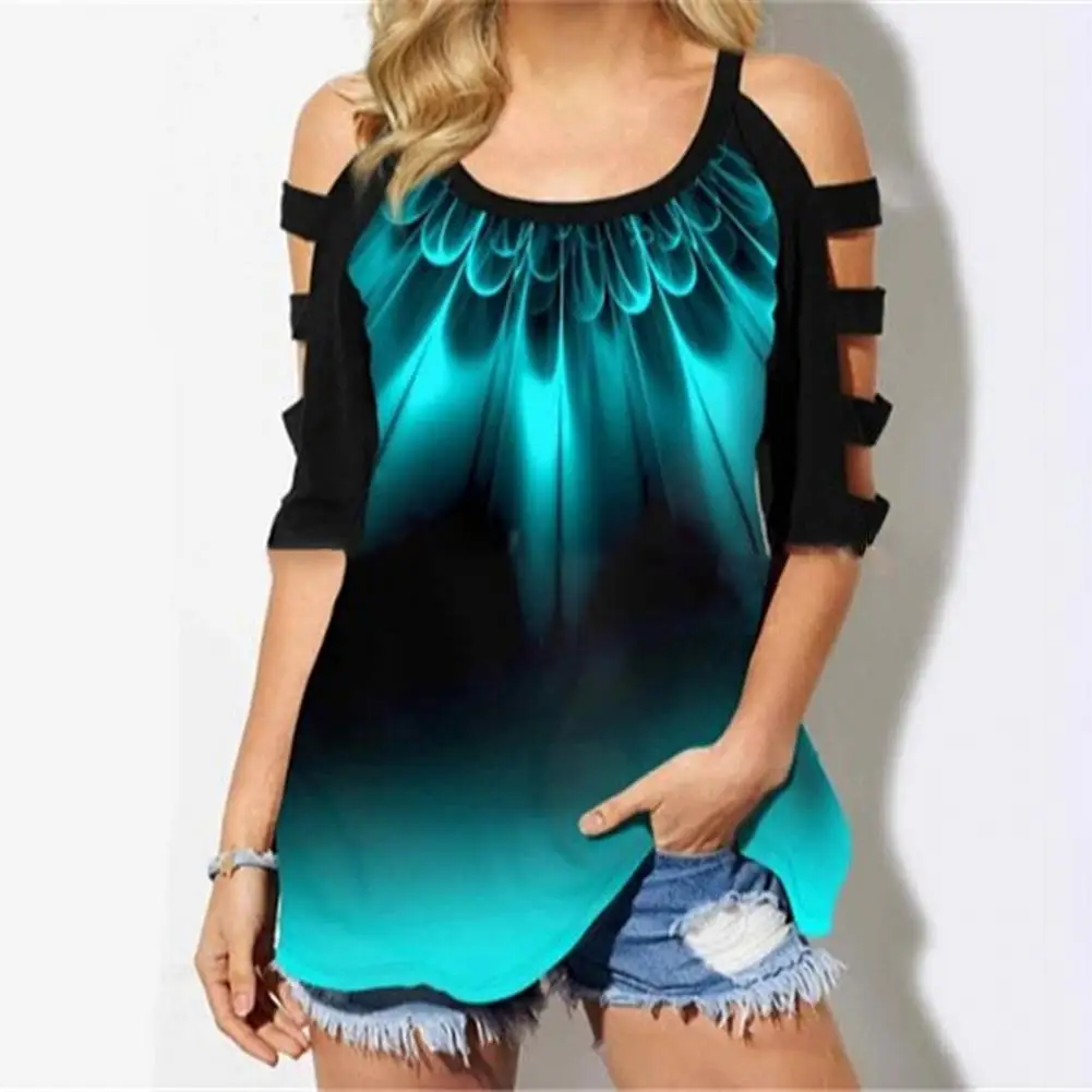 Модная женская футболка с принтом блузка открытыми плечами и коротким рукавом