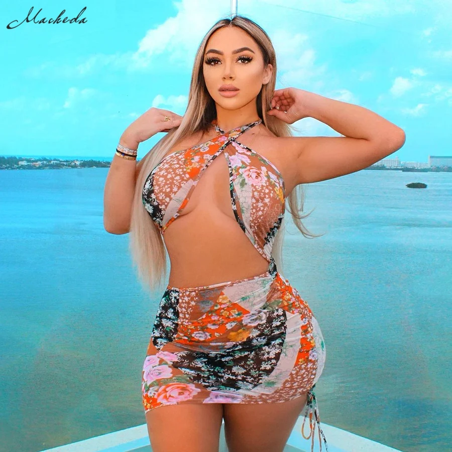 

Macheda Summer Sexy Hollow Out Backless Dress Women Fashion Print Halter Sleeveless Slim Clothing Lady Lace Up Mini Dresses 2021