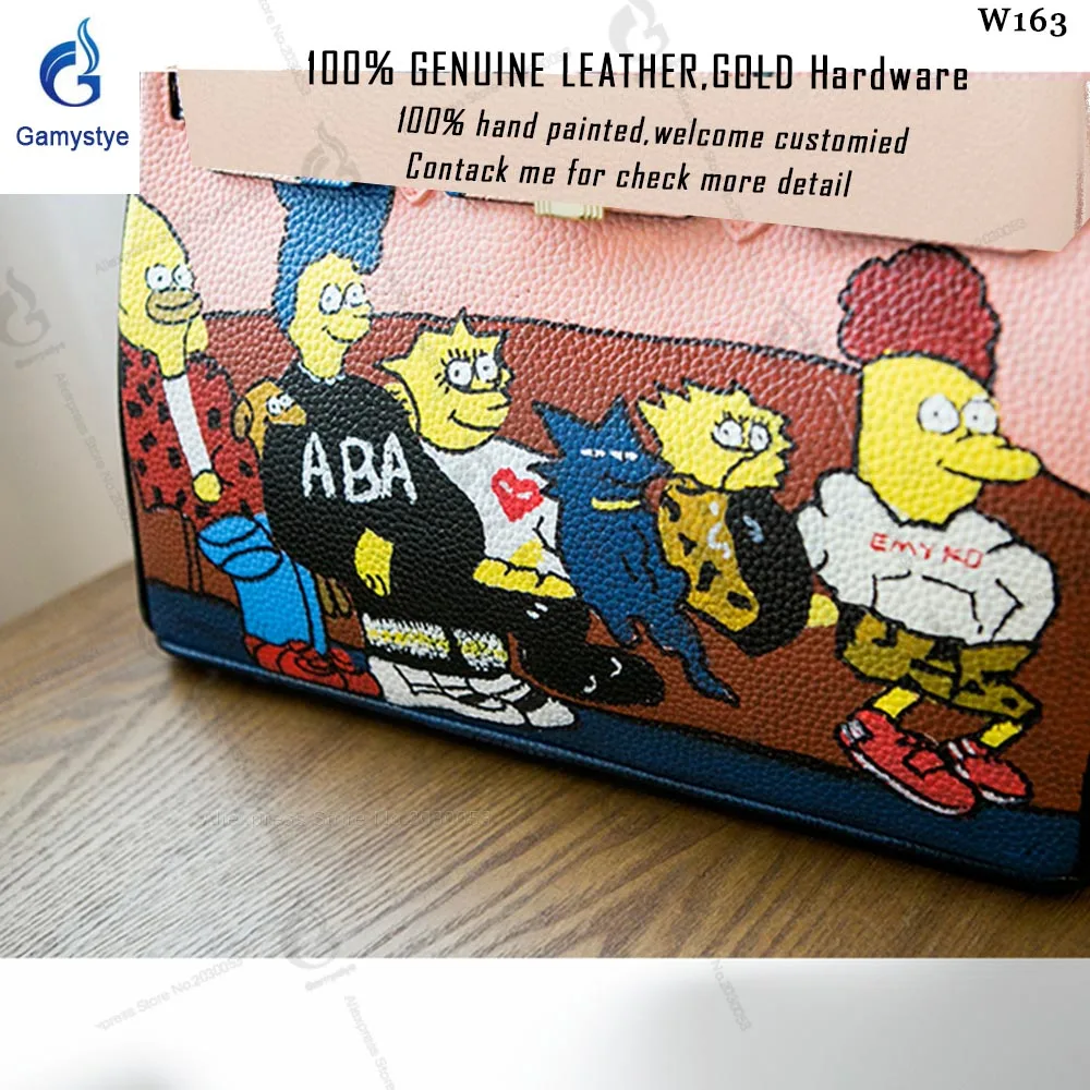 

Cartoon yellow hair Boy family Hand Draw Graffiti Famous brand Custom Women totes cowhide handbags Gifts Genuine leather Bags