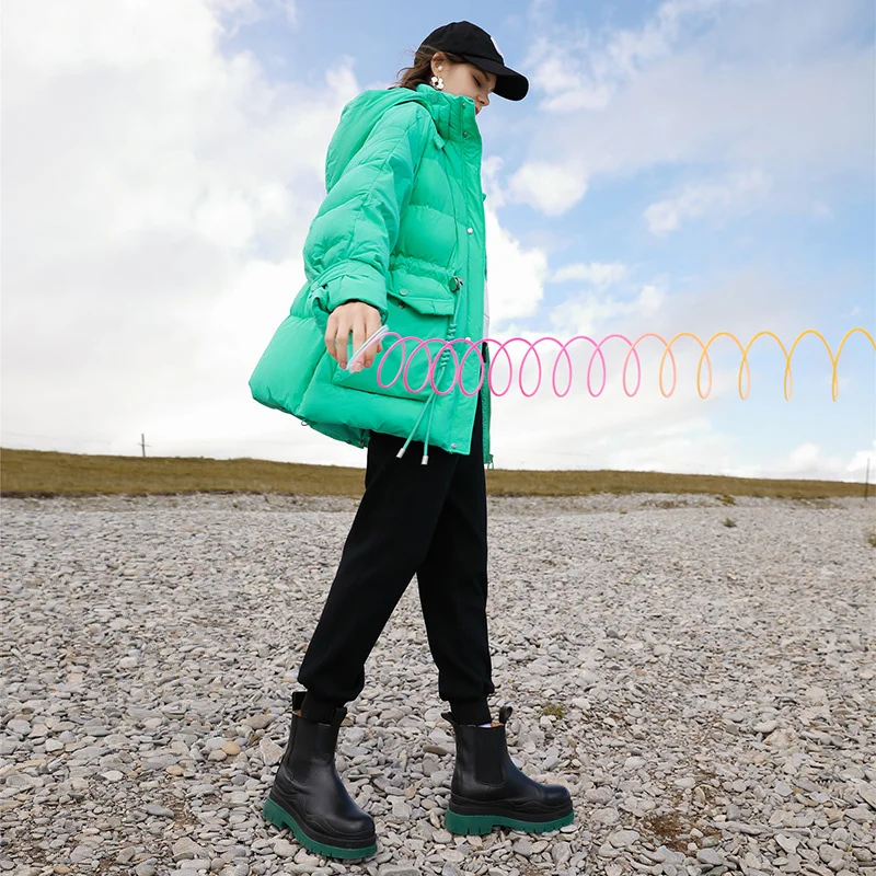 

Женский пуховик средней и большой длины SHZQ, стильная зимняя новая куртка с капюшоном на белом утином пуху, зеленое пальто с поясом, 2021