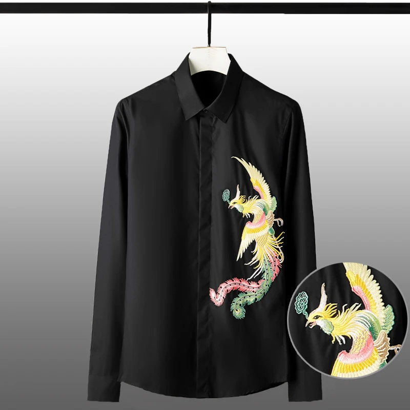 

New Solid Color Mens Shirts Luxury 3d Embroidery Long Sleeve Mens Dress Shirts Plus Size Slim Fit Party Male Shirts