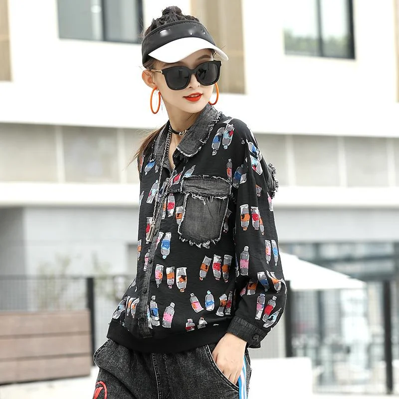 Женская Джинсовая блузка в стиле пэчворк Max LuLu черная винтажная Свободная