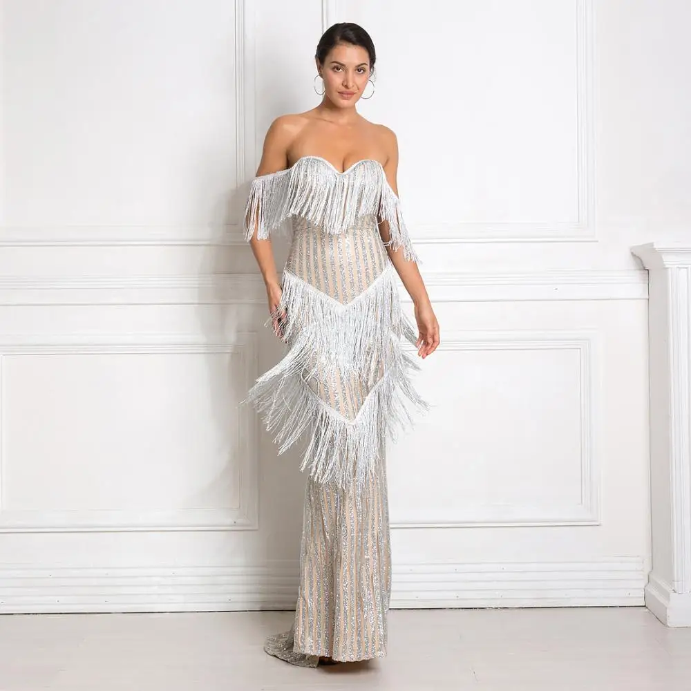 сексуальные платье с бахромой в полоскуБлестящее без бретелек плеча макси для