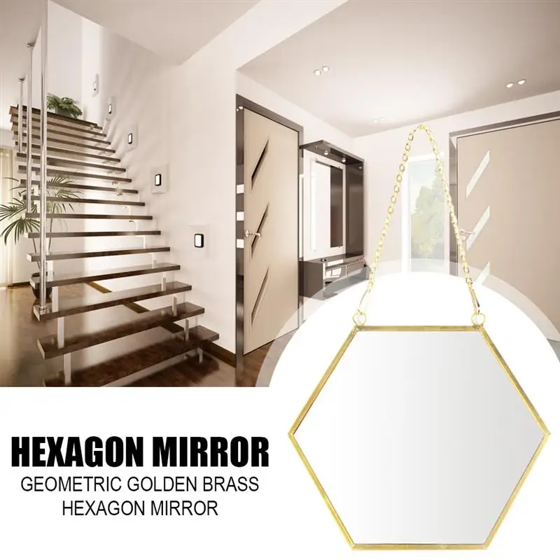 Шестигранное зеркало с золотистыми краями и подвесной цепочкой украшение