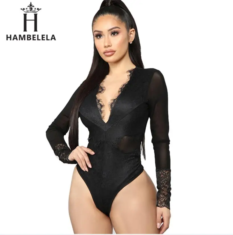 HAMBELELA осеннее женское Черное Кружевное боди Femme боди с открытой спиной Сетчатое с длинным рукавом обтягивающий сексуальный комбинезон Femme открытые топы Вечерние - Цвет: Черный