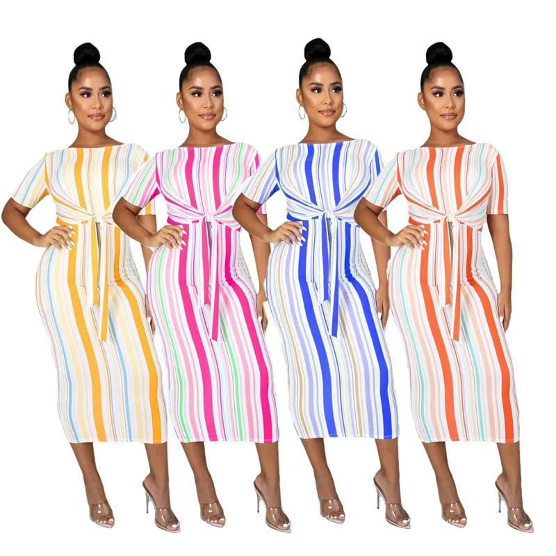 

2021 European and American Casual Color Printing Striped Women's Dress Fashion