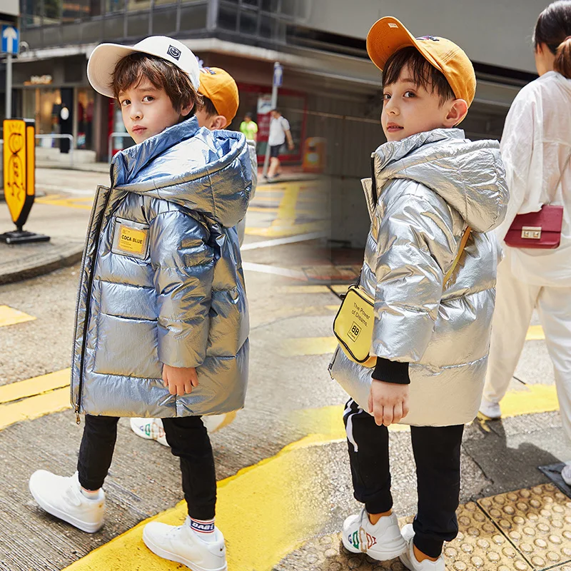 Новинка 2019 года Зимний Детский пуховик модное пуховое пальто серебристого цвета