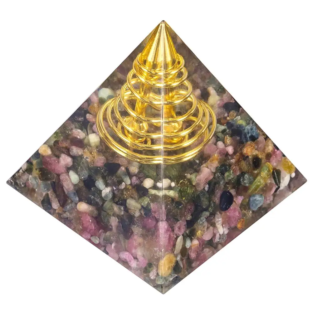 Tourmaline TUMBEELLUWA целебный Кристалл Orgone Пирамида с золотой спиральной точкой, генератор энергии оргонита для йоги медитации чакра балансировки - Цвет: Tourmaline