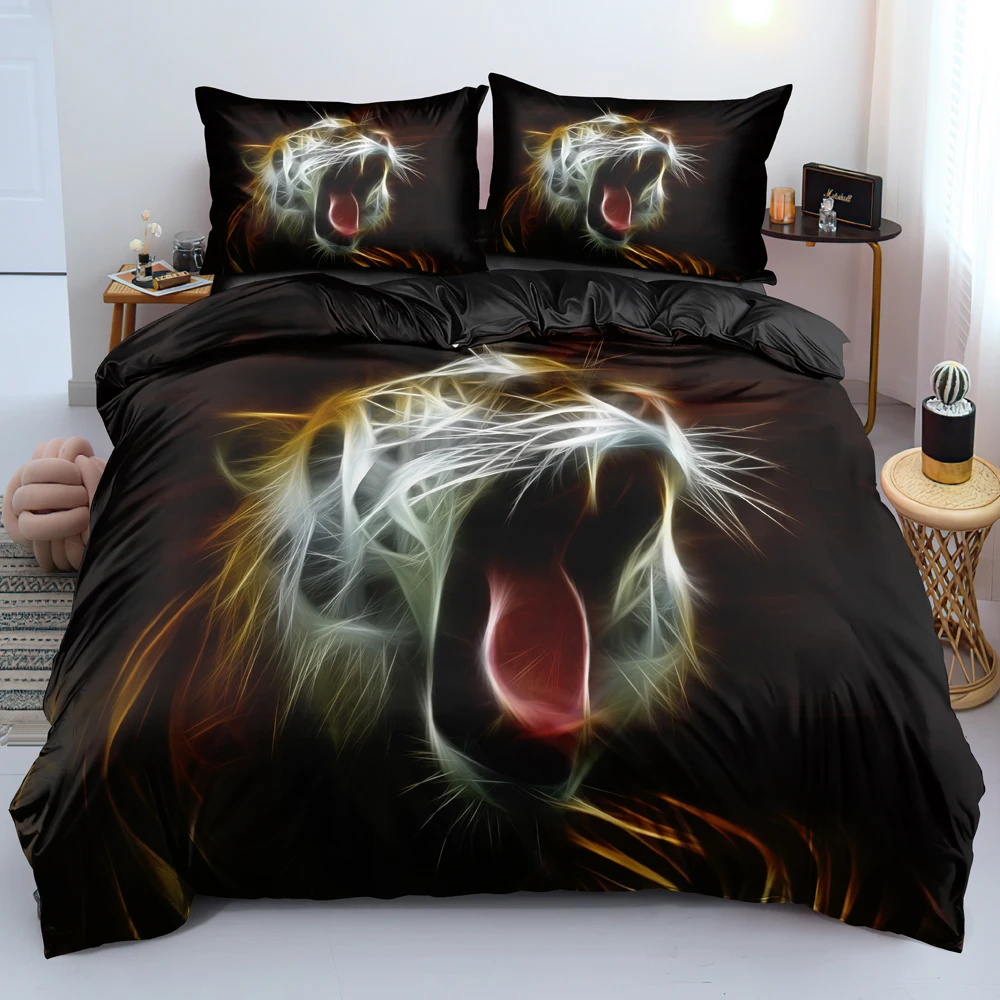 

3D Digital Shouting Tiger Duvet Cover Set Black Quilt/Blanket Cover Set Twin Queen King Size 245x210cm Bed Linen for Adults