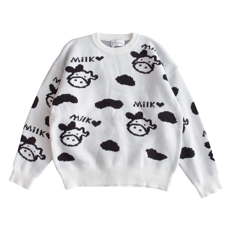 

Harajuku Milk Sweater Cartoon Animal Sweater Female Loose Round Neck Long Sleeve Knit Sweater Cute Cow Embroidery Sweater Women