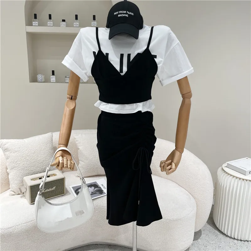 

Women's Spring Summer 2021 Niche Design Fashion Short Sleeve T-shirt + Waistband Vest + High Waist Drawstring Fold Skirt