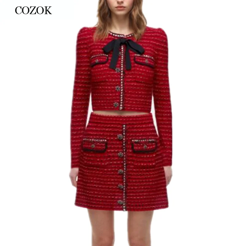 

Runway Designer Knit Cropped Top And Skirt Set 2021 Autumn Red Bows Slim Short Sweater Cardigan + Mini A Line Skirt 2 Piece Set