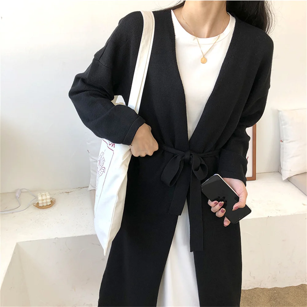 

Шикарный длинный вязаный кардиган HziriP, свитера, однотонные пальто со шнуровкой и открытым стежком, осень 2021, женские новые универсальные Те...