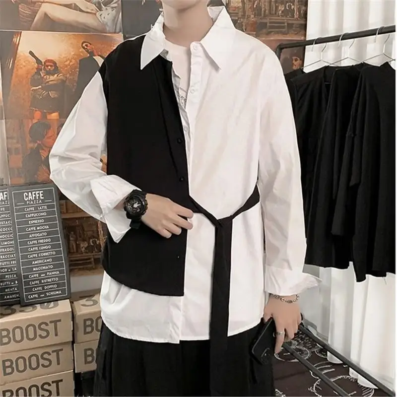 

Мужская рубашка с длинным рукавом, осенняя Корейская Свободная Повседневная черно-белая рубашка с вышивкой, Парикмахерская мода, оставляет...