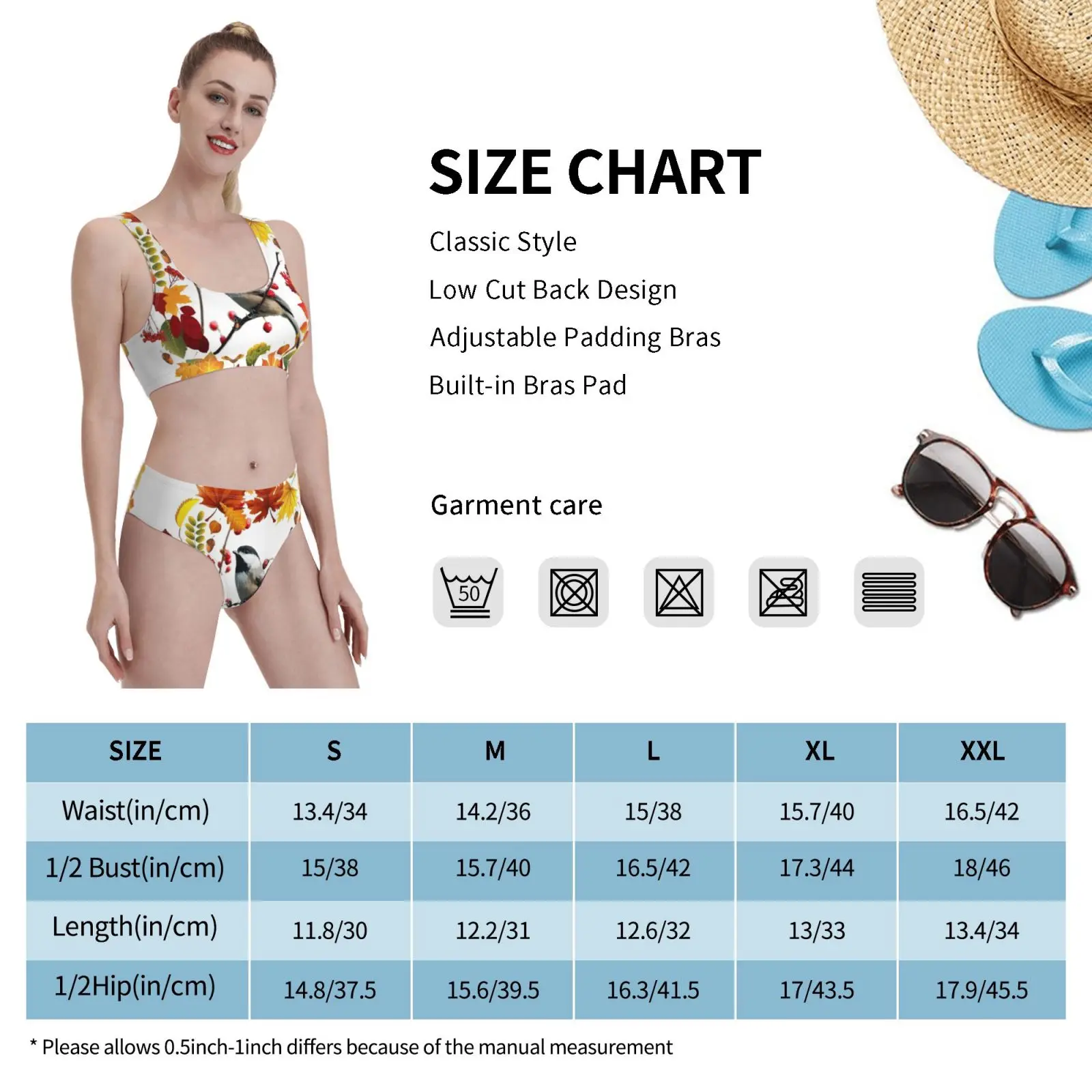 

1st Day Of Autumn Wreath Black Capped Chickadee Bird Digital Oil Painting Swimsuit one piece Bikini Padded Bird Black