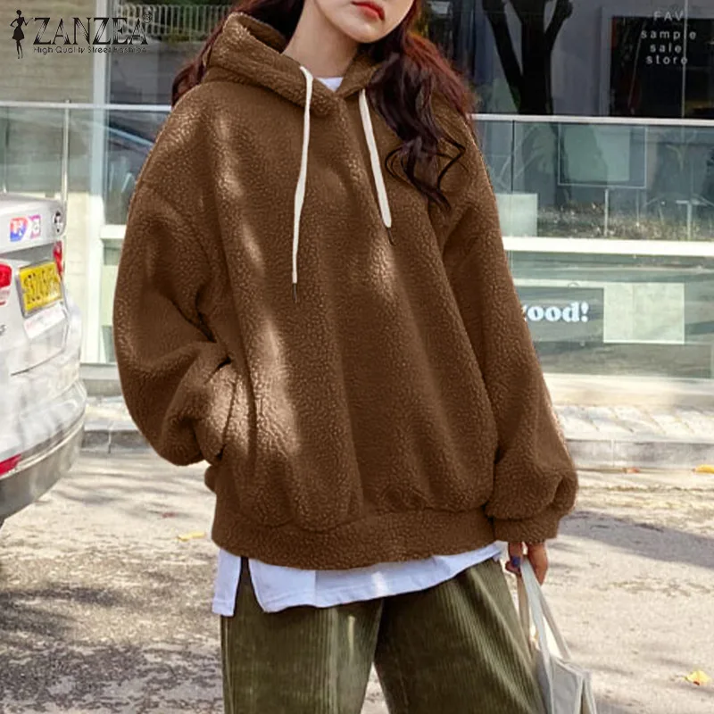 

Women Oversized Plush Sweatshirt ZANZEA Fashion Lovely Solid Hoodies Autumn Winter Fleece Warm Tops Casual Baggy Hooded Pullover